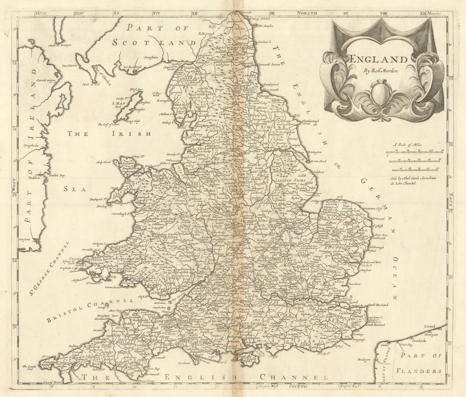 ENGLAND by ROBERT MORDEN from Camden's Britannia 1695 old antique map chart